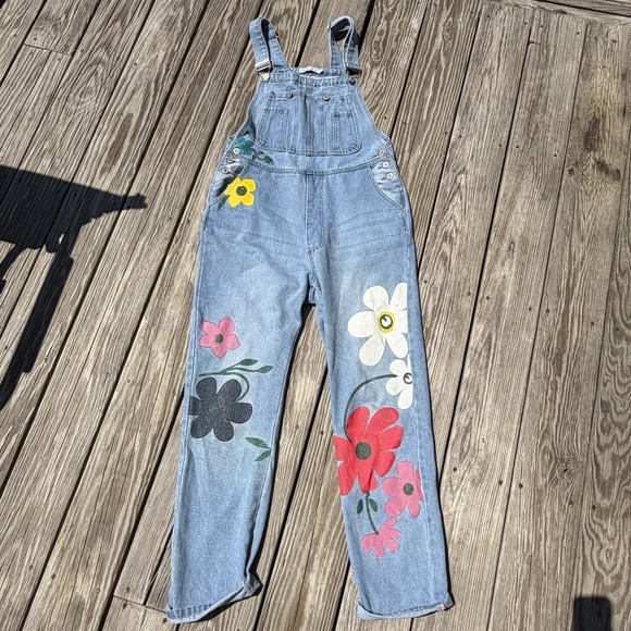 LOOK OPTIC Pants - Miss Look Large Hand Painted Floral Denim Overalls Boho Cottagecore Festival